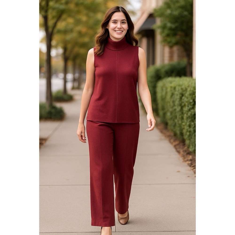 Marled Womens Burgundy Knit Two Piece‎ Set Turtleneck Top Pants Size L Fall Chic